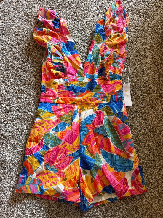 j. marie Pants - NWT J. Marie “Alana” Tropical V‑Neck Flutter Sleeve Romper Size XS Beach Cotton